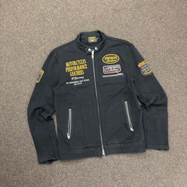 S)밴슨 레더 빈티지 자수 스타 패치 바이커 자켓