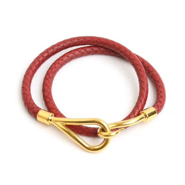 에르메스 버건디 위빙 레더 금장 초커 겸 팔찌