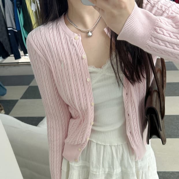 폴로 랄프로렌 연핑크 화이트포니 케이블 니트 가디건 