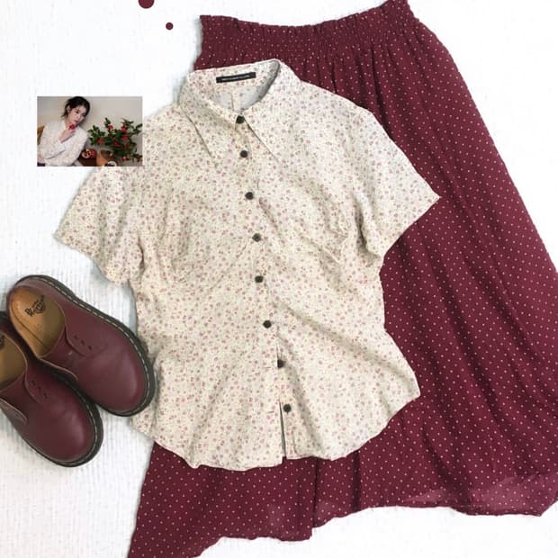 투다빈 포도세트/잔꽃 블라우스/도트 스커트 반팔 블라우스 롱스커트