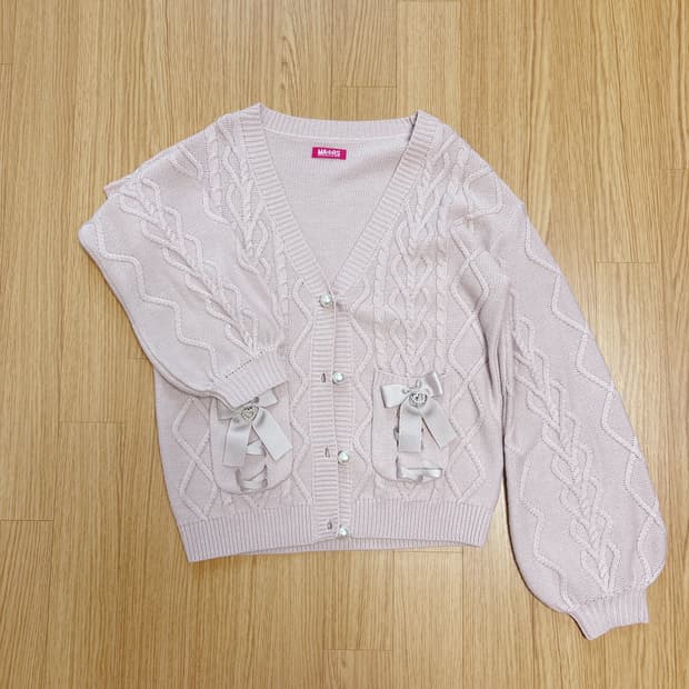 MA*RS 마즈 비쥬 하트 링 부착 리본 케이블 니트 가디건