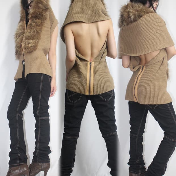 Yellow brown fur multi-way zip vest