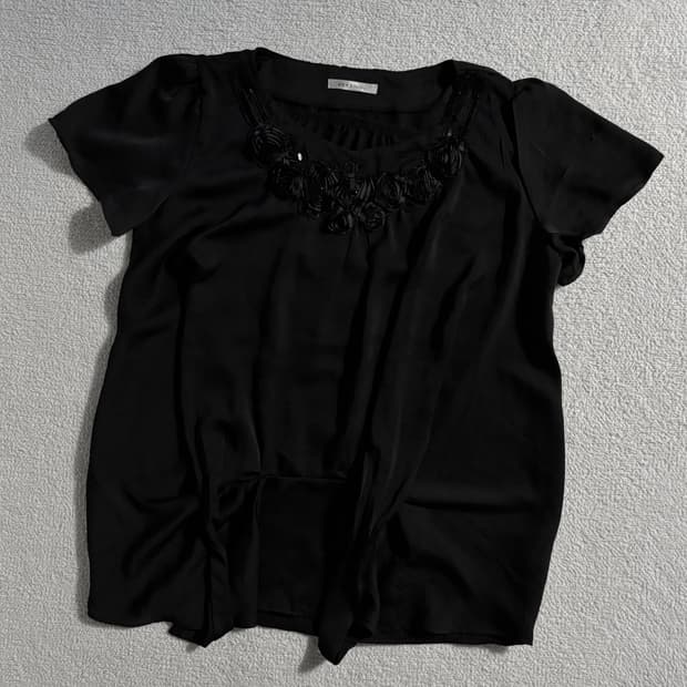 일본빈티지 액시즈팜 블랙로즈 반팔 블라우스 탑
