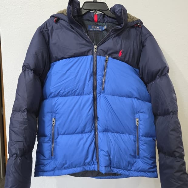 21FW 폴로 랄프 로렌 컬러 블록 후드 다운 패딩 네이비 블루