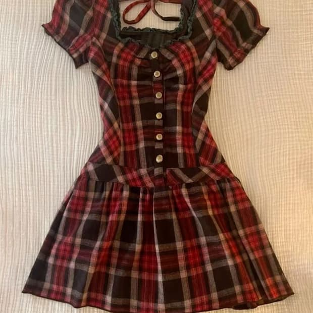 리즈리사 라떼갸루 딸기초코 체크 원피스