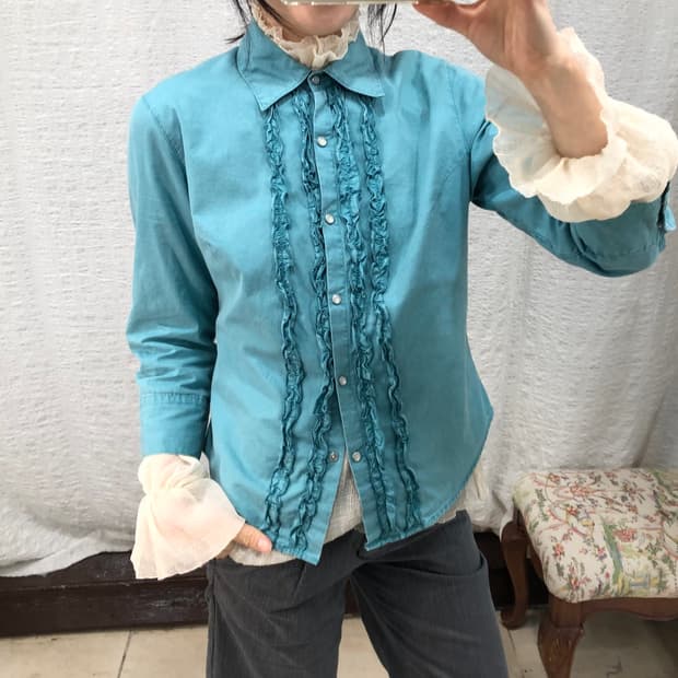 Vintage teal ruffle shirt