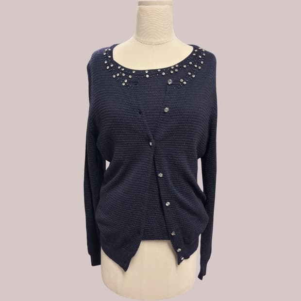 (Set)Talbots 넥라인 비즈/라인스톤 장식 니트 탑 가디건