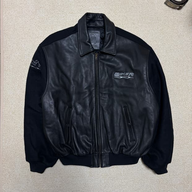 L) 90s 골든베어 x BIKER TRASH 레더쉘 바시티 자켓