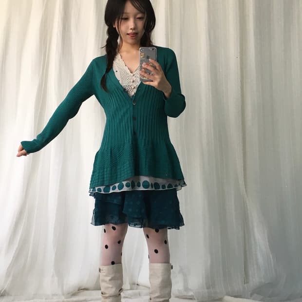 빈티지 청록 민트 도트 아카이브깔 코디세트 