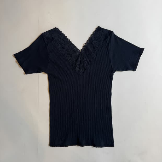 Black V-Neck Lace Ribbed Top