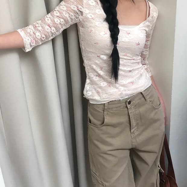 원더원더 리오나 플라워 시스루 7부 티셔츠