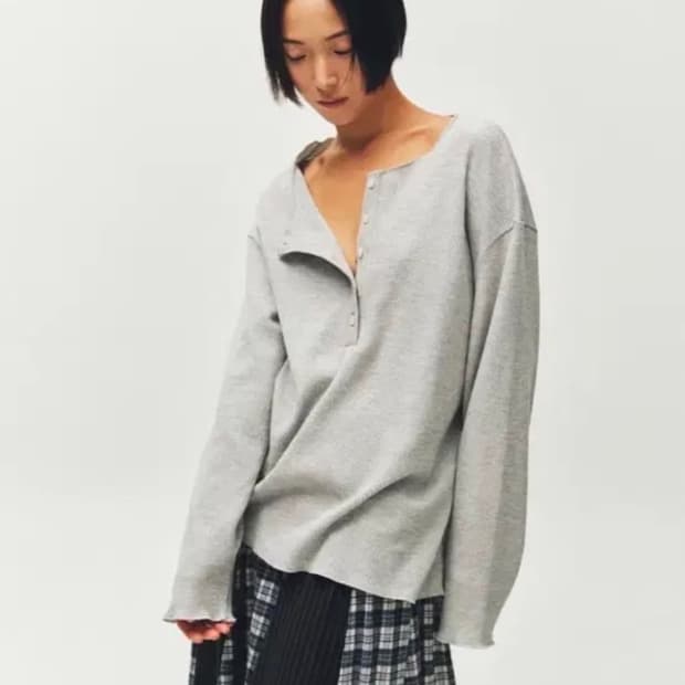 플리즈프로젝트 와플 헨리넥 티셔츠 롱슬리브 그레이
