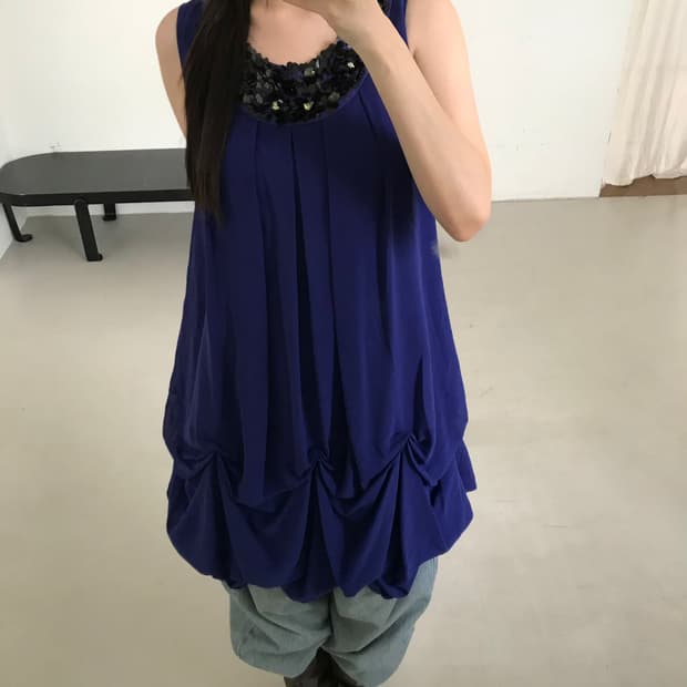 vintage navy draped balloon one-piece