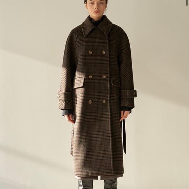 모한 MOHAN 체크 더블 브레스티드 롱 코트