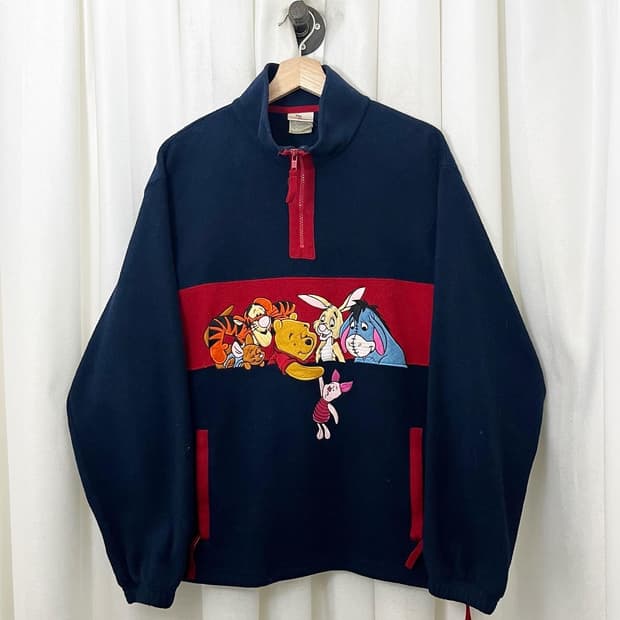 디즈니 네이비 레드 배색  반집업 플리스