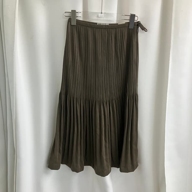 이세이 미야케 카키 플리츠 플리즈 미디 스커트 S