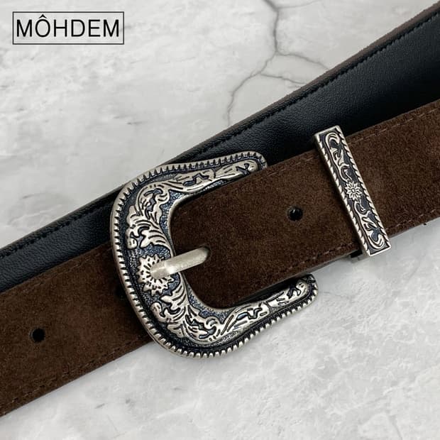 [Unisex] 클래식 웨스턴 스웨이드 가죽 벨트 브라운