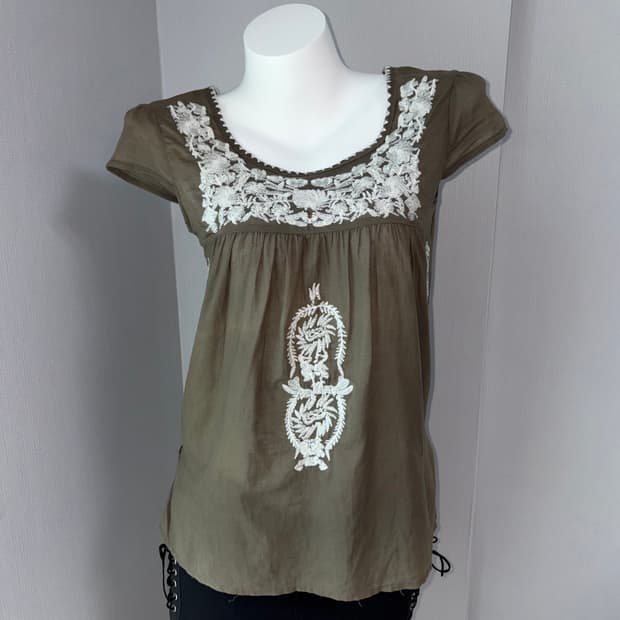 Vintage olive Lace Embroidered Blouse