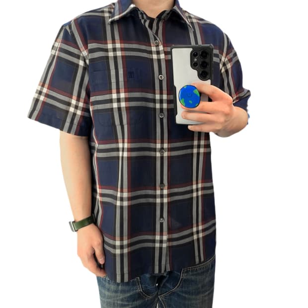 100 닥스 네이비 체크 반팔셔츠 폴리 모 혼방