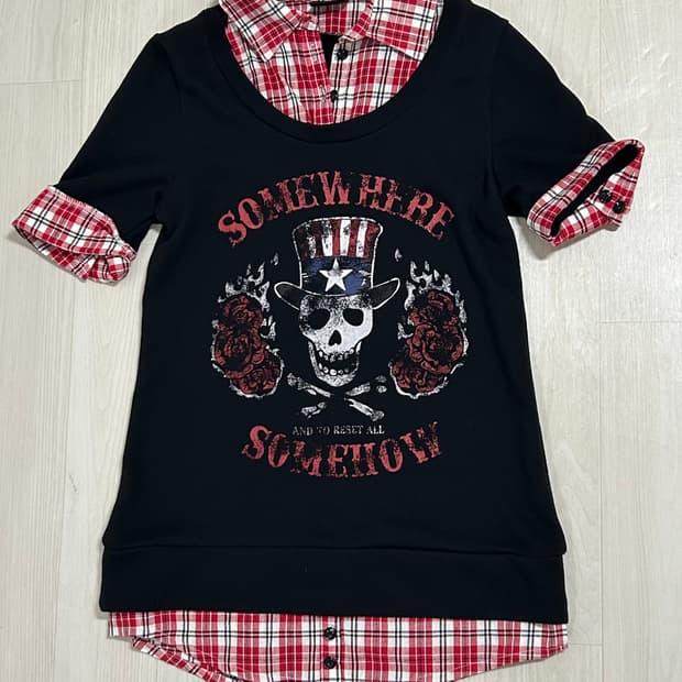 케케체깔 체크레이어드 펑크 성조기 반팔 탑