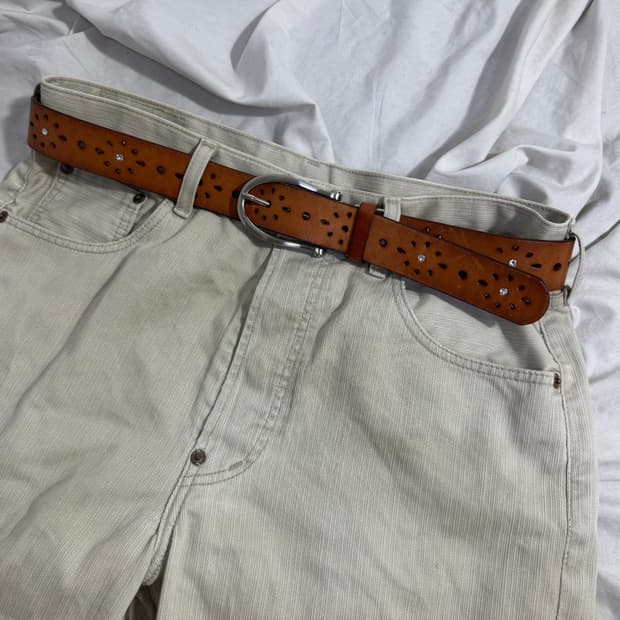 빈티지 펀칭 크리스탈 레더 벨트 웨스턴 