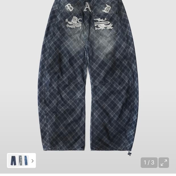 라이온 패치 워시드 배럴 팬츠 - 블루데님체크 S