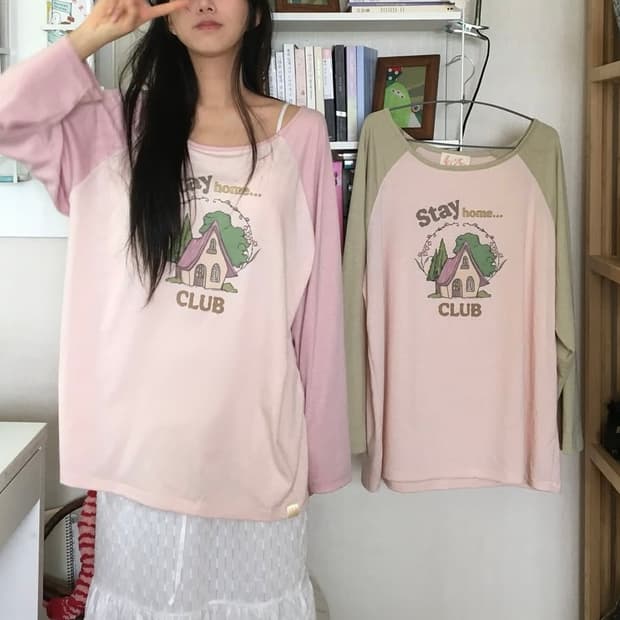 안즈 빈티지 스테이 홈 클럽 홈웨어 티셔츠  핑크