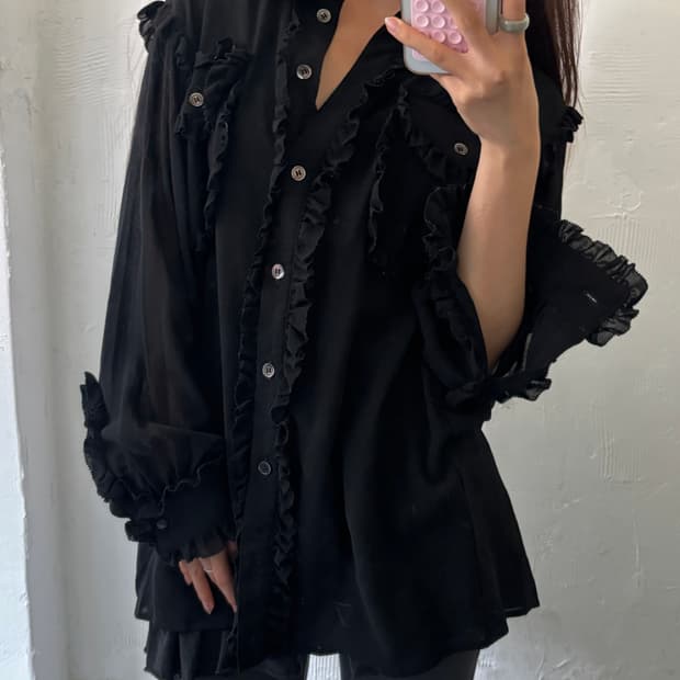 Moschino 모스키노 밀라노 블랙 러플 시어 블라우스