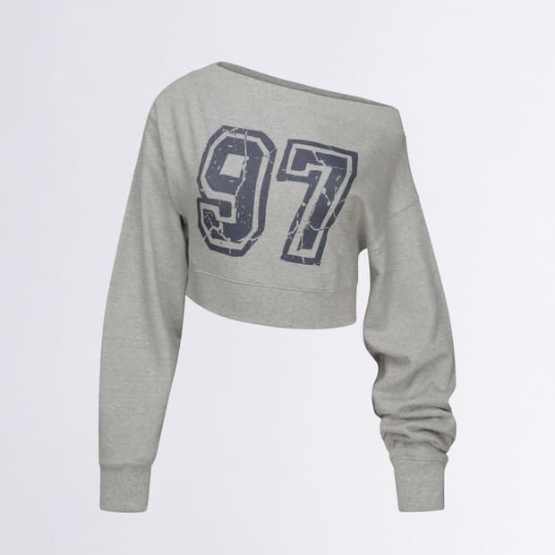 스컬프터 오프숄더 크롭 맨투맨 멜란지그레이