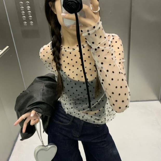 도트 레이어드 시스루 긴팔