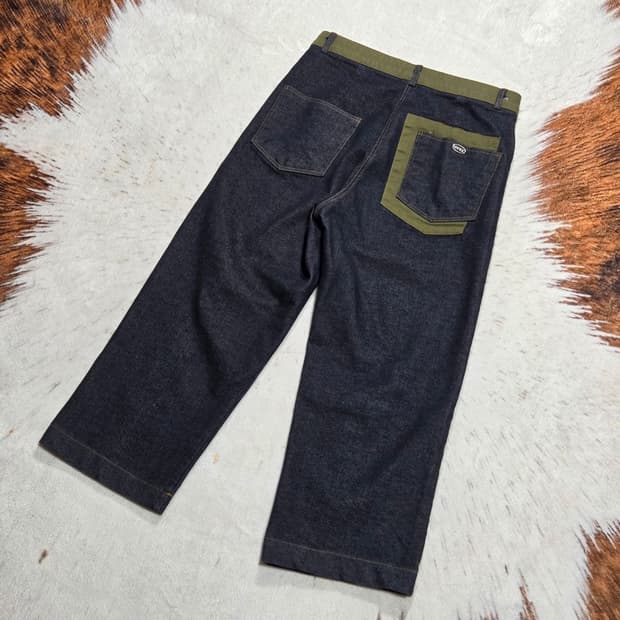 카키 배색 생지 데님 팬츠