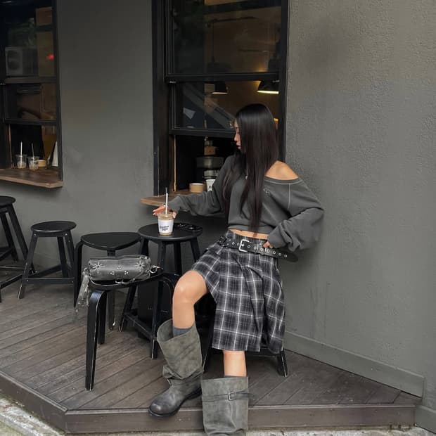 포르테나 체크 스커트 (차콜)