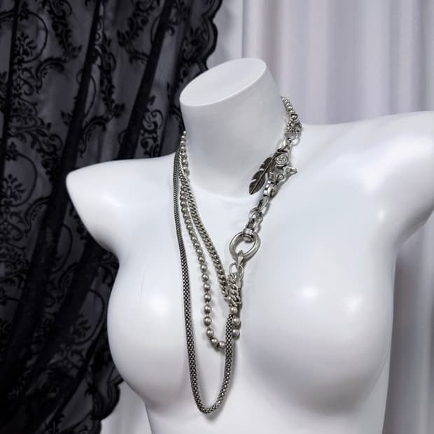 ༒ NECKLACE 009 볼드 멀티 실버 체인 페더 크롬 네크리스