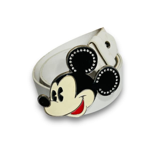 미키 마우스 버클 로고 화이트 레더 벨트