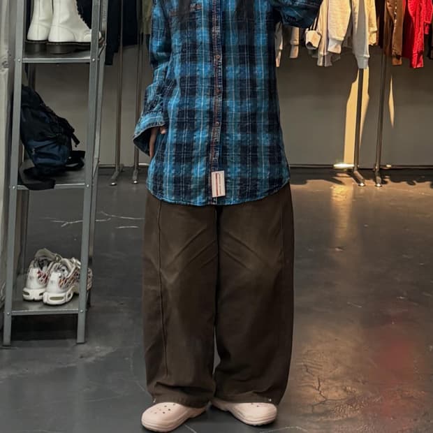 빈티지 블루 체크 무늬 플란넬 셔츠 A3070