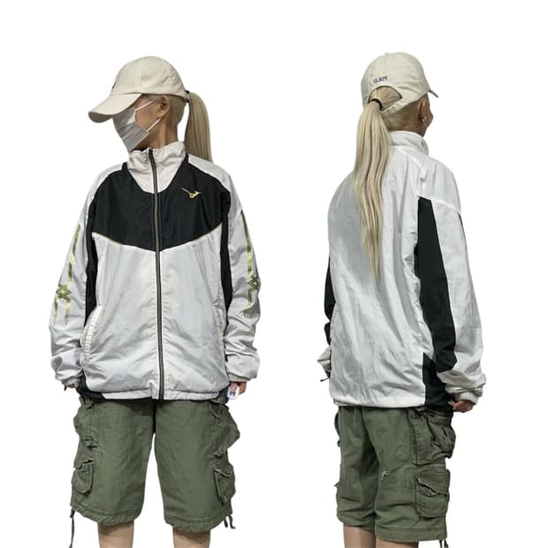 미즈노 화이트 블랙 오버핏 바람막이 트랙 자켓 2XL