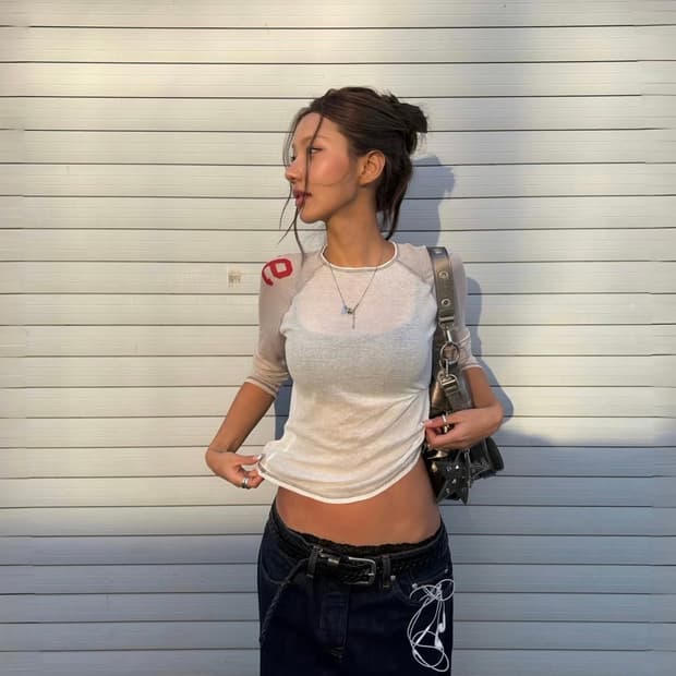 세미 시스루 콤비 티셔츠S