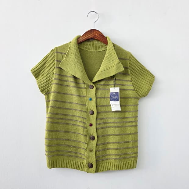 VIRGO 라이트 그린 스트라이프 니트 반팔 가디건
