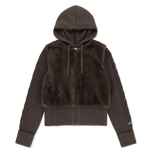썬러브 W Faux Fur Knit Zip Jacket Brown