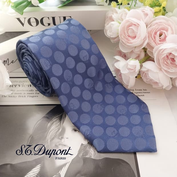 듀퐁 실크 블루 자수 도트 패턴 넥타이 8.4cm A+등급 K1903
