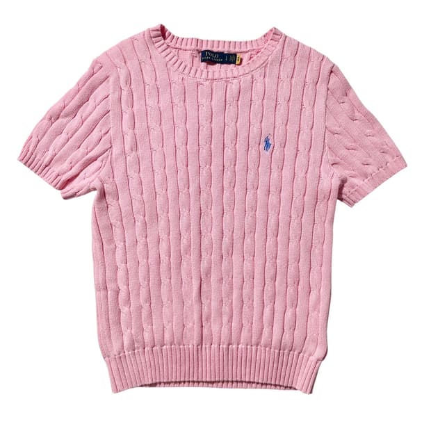 폴로 랄프로렌 케이블 라운드 반팔 니트 딸기우유 핑크 (신형QR)