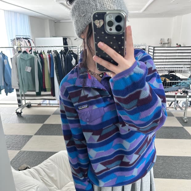 파타고니아 신칠라 블루 패턴 스냅 플리스