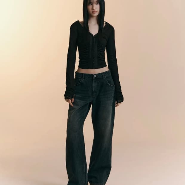 플리즈노팔로우 25Damaged Washing Wide Denim (Wa