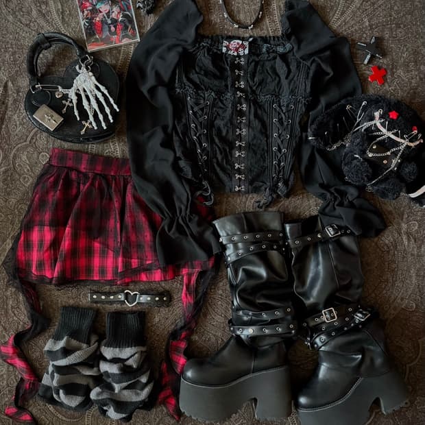 레드블랙 체크 스커트