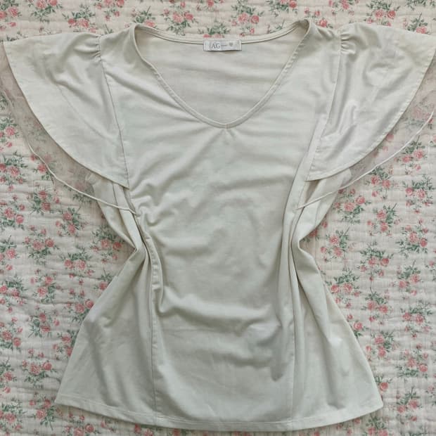 빈티지 아이보리 플로럴 암 블라우스 반팔 1043 y2k 스트릿 갸루 펑