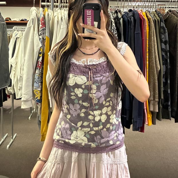 L)Japanese vintage 여성 레이스 디테일 플라워 나시