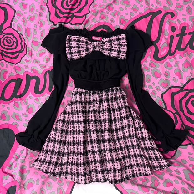 MA*RS마즈 블랙핑크 트위드 리본 오프숄더 원피스 히메 로맨틱갸루 핀터