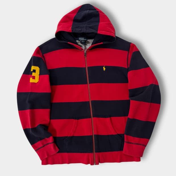 폴로 랄프로렌 00‘s 루즈핏 네이비 레드 배색 스웻 후드집업