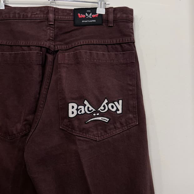 BAD BOY 와이드핏 브라운 코튼 자수팬츠