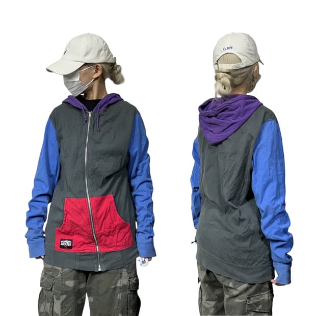 스투시 블루 차콜 레드 멀티 컬러 배색 후드집업 L